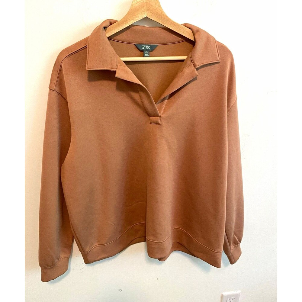Terra & Sky Women’s Brown Scuba Recycled Polyester Pullover Collared 0X